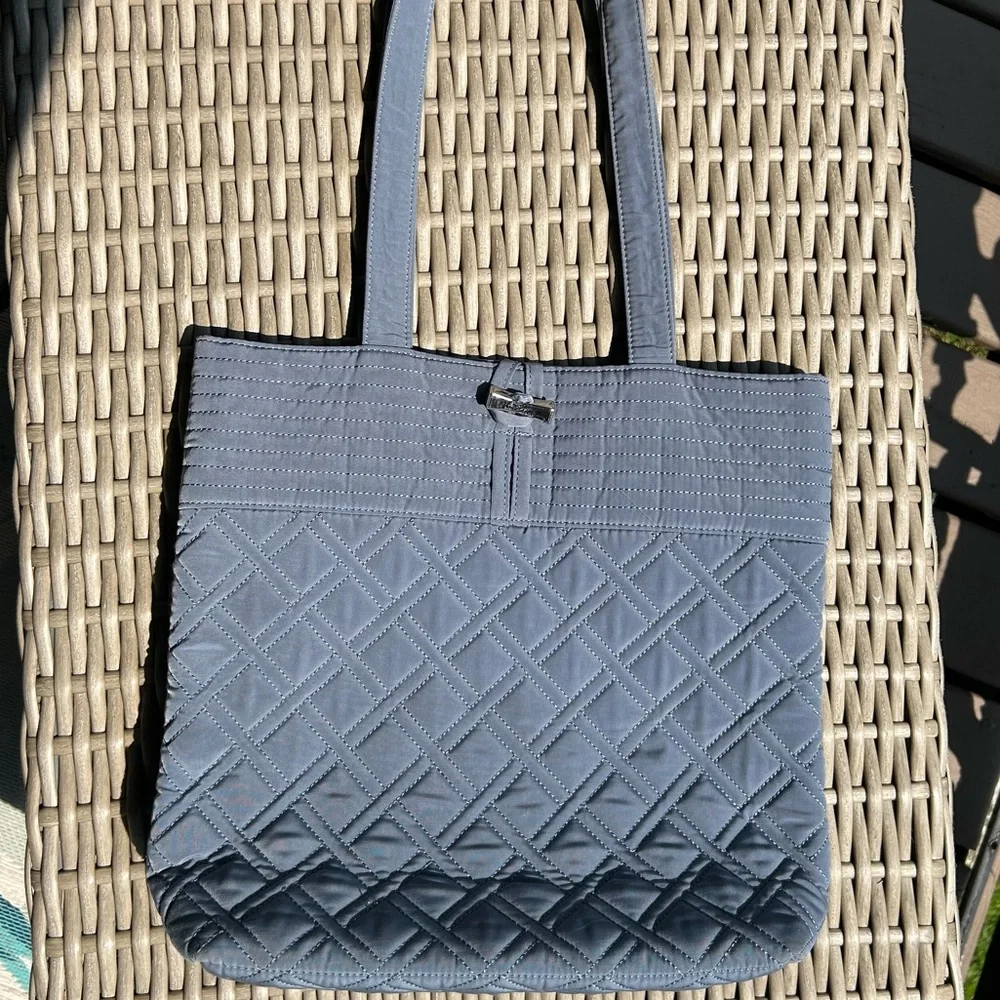 Vera Bradley Gray/Blue Quilted Tote Tab Button Closure - Picture 1 of 12